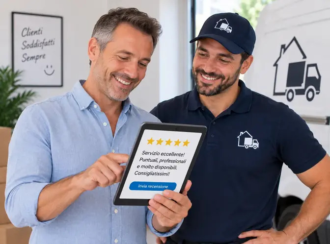 Cliente che lascia recensione positiva su tablet o smartphone