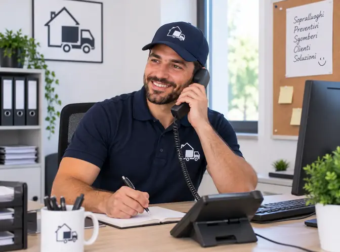Operatore che risponde al telefono in ufficio con sorriso