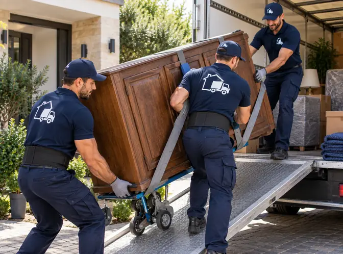 Squadra che carica mobili pesanti con attrezzatura adeguata