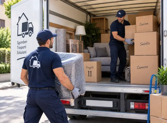 Trasporto mobili camion aperto con divani e scatole